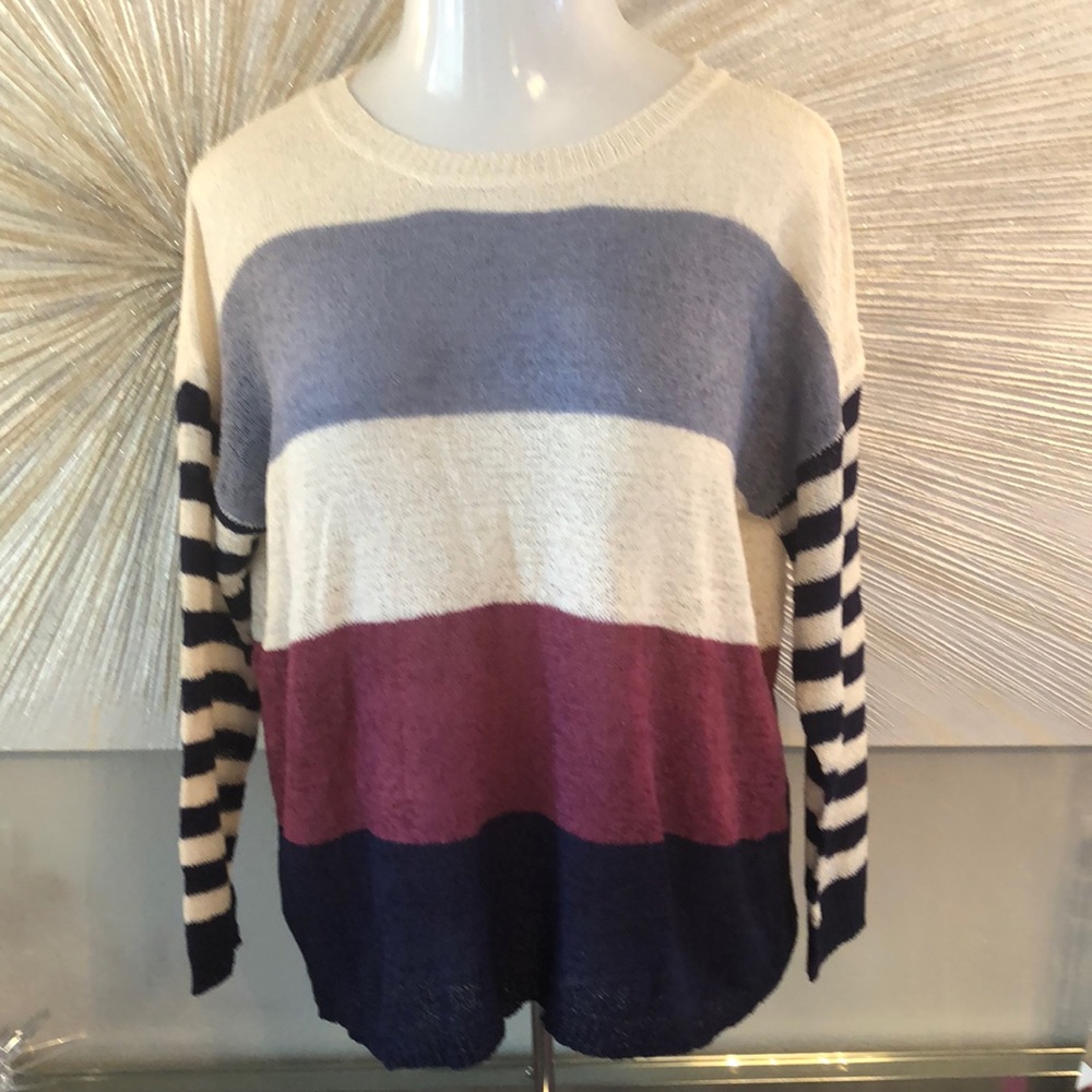 NWOT P.S. KATE LIGHTWEIGHT CREAM SWEATER W/ NAVY, SLATE BLUE & BURGUNDY STRIPES